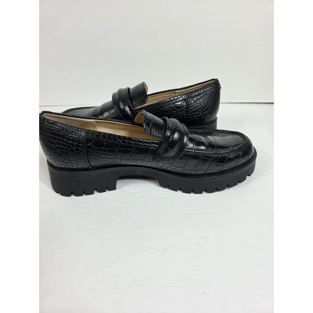 Nine West Gury Black Croc Embossed Lug Sole Loafer Wmn 9.5  Y2K Style Chunky